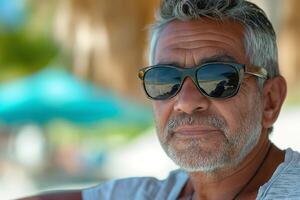 A middle-aged Hispanic man with greying hair wearing sunglasses and a relaxed expression, enjoying a sunny day outdoors. photo