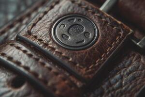 Close-up of a textured leather belt with a distinctive metal buckle. photo