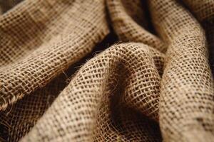 Close-up of soft, textured burlap fabric in warm beige tones. photo