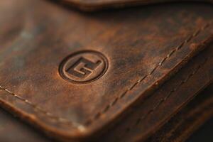 Close-up of a brown leather wallet showcasing intricate stitching and a subtle logo detail. photo