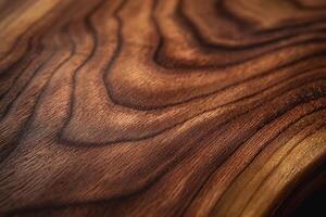 Close-up of a smooth, polished wooden surface showcasing rich grains and warm tones. photo