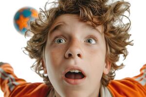 A surprised Caucasian boy with curly hair expressing joy while playing with a colorful ball. photo