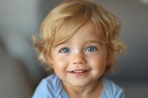 A smiling Caucasian baby with curly blonde hair and bright blue eyes, radiating joy and innocence. photo