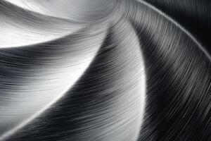 Abstract silver metal surface showcasing intricate brushed patterns and light reflections. photo
