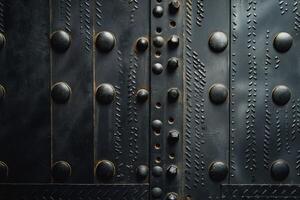Close-up of an ornate black metal door with rivets and textured patterns, creating a dramatic and industrial appearance. photo