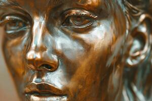 Close-up of a bronze sculpture depicting a serene female face with intricate details and a reflective surface. photo