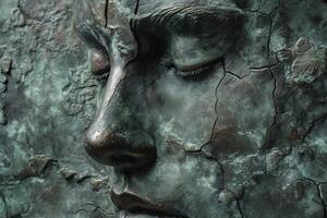 Close-up of a serene bronze sculpture depicting a contemplative male face with intricate textures and cracks. photo