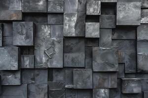 A textured wall featuring a pattern of dark gray, matte-finished cubes arranged in an abstract design. photo