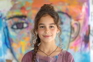 A young girl with curly hair smiles softly against a colorful abstract mural in the background. photo