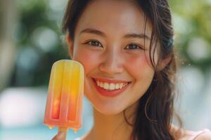 A cheerful young woman with medium skin tone enjoys a colorful popsicle on a sunny day, radiating happiness and summer vibes. photo