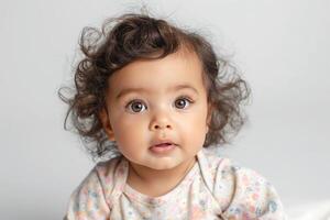 Adorable mixed-race baby girl with curly hair, bright eyes, and a charming expression against a light background. photo