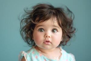 Adorable girl with curly hair and big green eyes, showcasing an expressive and curious look against a soft blue background. photo