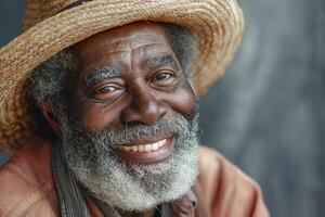 An elderly Black man wearing a straw hat, showcasing a warm smile and a wise demeanor. photo