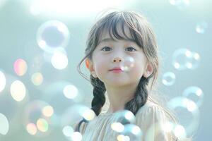 A young Asian girl with braided hair smiles amidst floating bubbles in a soft, dreamy atmosphere. photo