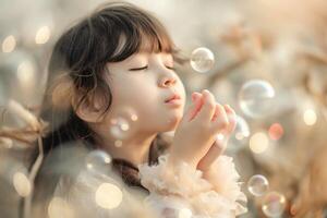 A dreamy young girl with dark hair, lost in thought as she playfully holds bubbles in a soft, golden setting. photo