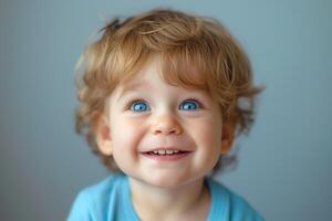 A joyful toddler with curly blonde hair and bright blue eyes, smiling widely with a playful expression. photo