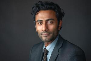 Portrait of an Indian male professional in a suit, exuding confidence and focus with a subtle smile. photo