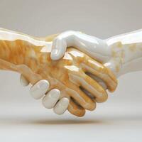 Two stylized hands in a handshake, one with a glossy finish and the other with a marbled texture, symbolizing unity and collaboration. photo