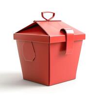 A vibrant red takeout box with a glossy finish, featuring a classic foldable lid and handle, perfect for food delivery. photo