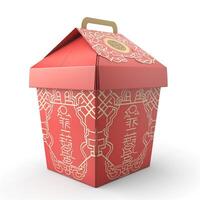 A vibrant red takeout box with intricate gold designs, symbolizing Asian cuisine and culture, set against a clean white background. photo