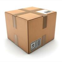 A brown cardboard box sealed with tape, featuring a barcode label and a fragile symbol, ready for shipping. photo