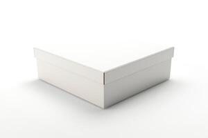 A minimalist white gift box with a sleek design, resting on a soft white surface. photo