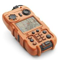 An orange handheld GPS device with a detailed map screen, perfect for outdoor navigation and adventures. photo