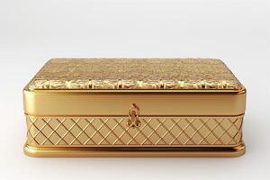 A luxurious golden jewelry box with intricate detailing, perfect for storing valuable treasures. photo