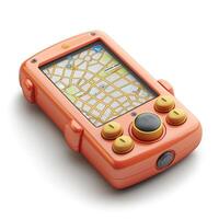 A vibrant orange handheld GPS device displays a city map, showcasing a playful design suited for kids. photo
