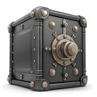 A sturdy, vintage-style safe featuring an intricate lock and metallic accents, showcasing a classic design for secure storage. photo