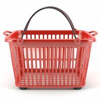 A vibrant red shopping basket with a sturdy black handle, perfect for grocery shopping. photo