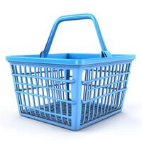 A bright blue shopping basket with a handle, perfect for carrying groceries and essentials. photo