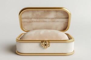 Elegant jewelry box with a plush interior, featuring a soft beige cushion and a golden clasp, perfect for storing precious items. photo