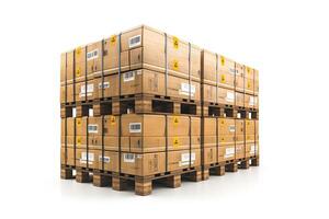 A stack of securely packaged industrial boxes on wooden pallets, creating a tidy and organized display. photo