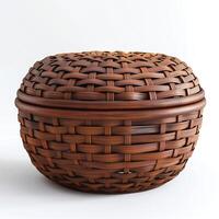 A beautifully crafted, round brown woven basket with a lid, showcasing intricate patterns and a smooth finish. photo