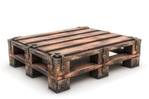 A rugged wooden pallet featuring a rustic design and metal fittings, perfect for storage or crafting projects. photo