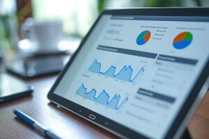Business data analysis displayed on a tablet, featuring charts and graphs showcasing growth trends in a bright office setting. photo