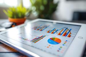 A close-up view of a tablet displaying colorful graphs and charts, ideal for business presentations. photo
