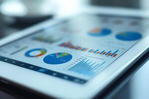 Close-up of an analytical dashboard displayed on a tablet, featuring colorful graphs and charts. photo