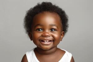 A joyful Black toddler with big bright eyes and a big smile, showcasing a contagious happiness against a neutral background. photo