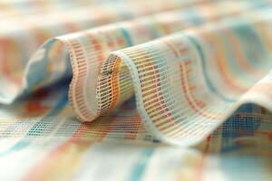 Close-up view of colorful fabric showcasing intricate patterns in blue, orange, and red hues. photo