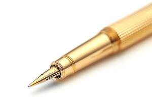 Close-up of a gold-plated fountain pen, highlighting its elegant design and fine tip. photo