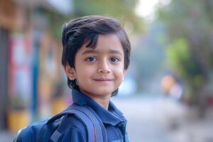 A cheerful young boy of South Asian descent with a backpack, smiling while standing outdoors in a vibrant setting. photo