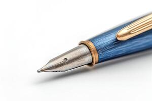 Close-up of an elegant blue fountain pen with a shiny silver nib, showcasing its exquisite design and craftsmanship. photo