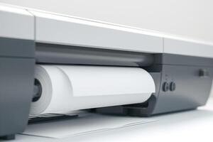 Close-up of a modern printer processing a sheet of white paper, showcasing technology and efficient design. photo