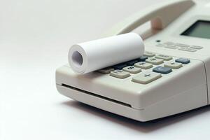 A close-up view of a telephone with a blank roll of paper resting on the keypad, representing communication and documentation. photo