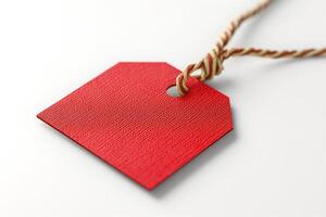 Close-up of a red textured tag with a twine string, perfect for labeling or gifts. photo