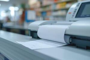 A close-up of a printer in action, producing a document with clear text and a blurred background, creating a professional office atmosphere. photo