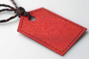 A close-up of a vibrant red tag with a textured surface and a black and orange twine, perfect for labeling or gift giving. photo