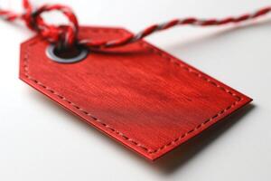 A close-up of a vibrant red leather tag with a twisted string, showcasing its texture and craftsmanship. photo